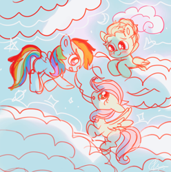 Size: 2528x2552 | Tagged: safe, artist:jaanhavi, fluttershy, rainbow dash, zephyr breeze, pegasus, pony, g4, blank flank, cloud, colt, colt zephyr breeze, female, filly, filly fluttershy, filly rainbow dash, flying, foal, high res, lying down, lying on a cloud, male, on a cloud, trio, younger