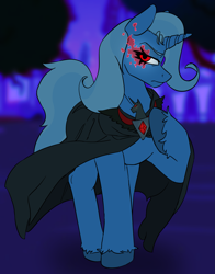 Size: 2229x2841 | Tagged: safe, artist:2hrnap, trixie, pony, unicorn, g4, magic duel, my little pony: friendship is magic, alicorn amulet, cape, clothes, female, hoof on chest, horn, mare, night, red eyes, red eyes take warning, solo, standing, unshorn fetlocks