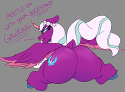 Size: 4887x3592 | Tagged: safe, artist:2hrnap, opaline arcana, alicorn, pony, g5, butt, dock, evilbutt, featureless crotch, female, gray background, looking back, mare, opal-ass, plot, simple background, spread wings, tail, unshorn fetlocks, wings