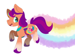 Size: 1174x846 | Tagged: safe, artist:mimiqq, sunny starscout, earth pony, pony, g5, digital art, lineless, rainbow, raised hoof, running, simple background, smiling, solo, transparent background, unshorn fetlocks