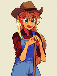 Size: 1280x1721 | Tagged: safe, artist:bibiriswamp, artist:robinswamp, applejack, equestria girls, g4, clothes, cutie mark accessory, cutie mark hair accessory, female, hair accessory, overalls, simple background, solo