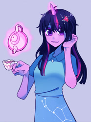 Size: 1280x1721 | Tagged: safe, artist:bibiriswamp, artist:robinswamp, twilight sparkle, human, equestria girls, g4, constellation, cup, cutie mark accessory, cutie mark hair accessory, eye clipping through hair, female, hair accessory, horn, magic, simple background, solo, teacup, teapot, telekinesis, unicorn horn