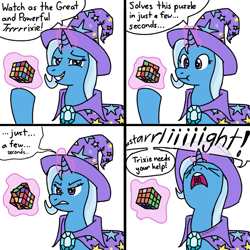 Size: 1920x1920 | Tagged: safe, artist:_butterscotch, derpibooru exclusive, trixie, pony, unicorn, g4, 4 panel comic, brooch, cape, clothes, comic, dialogue, female, glowing, glowing horn, hat, horn, jewelry, magic, magic aura, mare, rubik's cube, solo, speech bubble, telekinesis, trixie's brooch, trixie's cape, trixie's hat