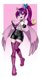 Size: 1500x2800 | Tagged: safe, artist:nekojackun, princess cadance, oc, oc only, oc:cadencesniff, human, equestria girls, g4, 2d, boots, breasts, button-up shirt, clothes, dress shirt, eared humanization, eyeshadow, female, gradient background, horn, horned humanization, humanized, kinsona, looking at you, makeup, necktie, not cadance, open mouth, open smile, passepartout, pointing, pointing at you, pony ears, ponytail, shirt, shoes, shorts, sleeveless, smiling, socks, solo, thigh highs, winged humanization, wings