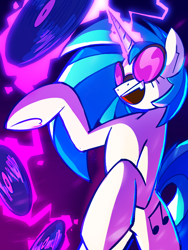 Size: 1536x2048 | Tagged: safe, artist:birderer, dj pon-3, vinyl scratch, pony, unicorn, g4, female, glasses, horn, magic, magic aura, mare, open mouth, open smile, rearing, record, signature, smiling, solo, sunglasses, telekinesis, vinyl's glasses