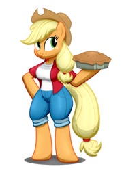 Size: 678x929 | Tagged: safe, artist:flash equestria photography, applejack, earth pony, anthro, unguligrade anthro, g4, apple, apple pie, arm hooves, bi-quad, breasts, busty applejack, food, pie, shading, simple background, solo, white background