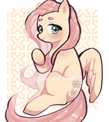 Size: 1600x1791 | Tagged: safe, artist:rabbisdreams, fluttershy, pegasus, pony, g4, beanbrows, blushing, cute, eyebrows, female, looking at you, mare, passepartout, patterned background, shyabetes, sitting, smiling, smiling at you, solo