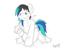 Size: 2131x1729 | Tagged: safe, artist:foxxy-arts, dj pon-3, vinyl scratch, oc, oc:acesential, human, pony, unicorn, g4, briefs, chest fluff, clothes, eye clipping through hair, eyebrows, eyebrows visible through hair, fingers fusing, horn, horn growth, human to pony, lip bite, male to female, mid-transformation, onomatopoeia, partial color, partial nudity, red eyes, ripping clothes, rule 63, signature, simple background, sketch, socks, solo, topless, torn clothes, transformation, transgender transformation, underwear, unsound effect, white background