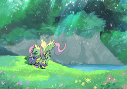 Size: 2388x1668 | Tagged: safe, artist:loreto-arts, fluttershy, spike, dragon, pegasus, pony, g4, age difference, crepuscular rays, duo, duo male and female, female, flying, lidded eyes, looking at each other, looking at someone, lying down, male, mare, meadow, on back, outdoors, ship:flutterspike, shipping, spikelove, spread wings, straight, winged spike, wings