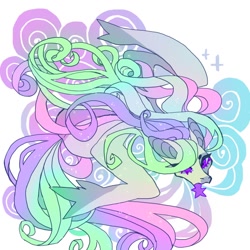 Size: 1058x1058 | Tagged: safe, artist:cutesykill, princess celestia, alicorn, pegasus, pony, g4, alternate design, alternate hairstyle, alternate tailstyle, beanbrows, big ears, blue sclera, colored eyelashes, colored pinnae, colored sclera, colored teeth, eyebrows, eyelashes, female, hornless alicorn, long mane, long tail, looking away, looking to the left, mare, missing accessory, missing cutie mark, missing horn, multicolored mane, multicolored tail, open mouth, partially open wings, pegasus celestia, purple eyelashes, purple eyes, purple teeth, race swap, sharp teeth, simple background, smoke, solo, sparkles, sparkly coat, sparkly mane, sparkly tail, tail, teeth, thick eyelashes, thin, three quarter view, white background, white coat, wings