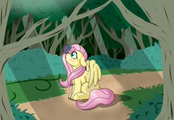 Size: 1300x900 | Tagged: safe, artist:takutanuvataio, fluttershy, butterfly, pegasus, pony, g4, blushing, butterfly on nose, crepuscular rays, female, floppy ears, forest, insect on nose, mare, nature, outdoors, partially open wings, sitting, solo, tree, wings