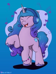 Size: 1500x1995 | Tagged: safe, artist:passionpanther, izzy moonbow, pony, unicorn, series:ponies with headphones, g5, bracelet, eyes closed, female, friendship bracelet, gradient background, happy, headphones, horn, jewelry, mare, music notes, open mouth, open smile, raised hoof, smiling, solo