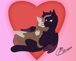 Size: 3969x3200 | Tagged: safe, artist:maître cervidé, oc, oc:coffee sprite, oc:purple rain, pegasus, cuddling, duo, duo male, gay, heart, love, male, signature, sleeping