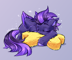 Size: 2480x2079 | Tagged: safe, artist:intfighter, oc, oc only, oc:shadow galaxy, pegasus, pony, commission, cute, ear fluff, ethereal mane, eyes closed, female, folded wings, gradient background, heart, high res, hooves, mare, pegasus oc, pillow, sleeping, solo, starry mane, starry tail, tail, wings, ych result