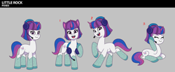 Size: 3033x1244 | Tagged: safe, little rock, pony, unicorn, g5, my little pony: tell your tale, female, headset, horn, mare, quadrupedal, reference sheet, smiling