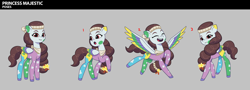 Size: 3476x1251 | Tagged: safe, princess majestic, pegasus, pony, g5, my little pony: tell your tale, official, braid, cute, female, handkerchief, headband, mare, multicolored coat, quadrupedal, reference sheet