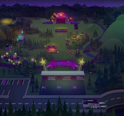 Size: 1000x932 | Tagged: safe, composite screencap, edit, edited screencap, editor:incredibubbleirishguy, screencap, equestria girls, equestria girls specials, g4, my little pony equestria girls: sunset's backstage pass, aerial view, car, friendship festival, full view, nobody, outdoors, panorama, pine tree, road, rv, tree