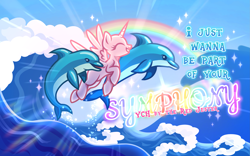 Size: 3611x2260 | Tagged: safe, artist:redjester, dolphin, pony, advertisement, commission, eyes closed, horn, rainbow, vector, water, wave, wings, your character here