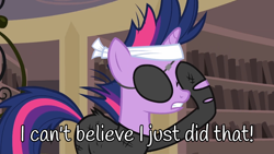 Size: 960x540 | Tagged: safe, edit, edited screencap, screencap, twilight, twilight sparkle, pony, unicorn, g4, it's about time, bandage, book, eyepatch, facehoof, female, frazzled, future twilight, horn, indoors, library, mare, meme, monochrome, reference, shelf, solo, text