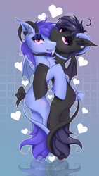 Size: 2785x4951 | Tagged: safe, artist:divori, oc, oc only, oc:midnight depth, oc:night depth, bat pony, abstract background, bat pony oc, bow, collar, eyelashes, eyeshadow, female, gradient background, heart, horn, horns, hug, looking at you, makeup, piercing, pink eyes, reflection, siblings, sisters, smiling, smiling at you