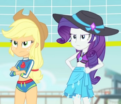 Size: 453x387 | Tagged: safe, screencap, applejack, rarity, equestria girls, equestria girls specials, g4, my little pony equestria girls: forgotten friendship, angry, applejack is not amused, applejack's beach shorts swimsuit, applejack's hat, bikini, bikini top, clothes, cowboy hat, cropped, crossed arms, duo, duo female, female, geode of shielding, geode of super strength, hand on hip, hat, jewelry, low ponytail, magical geodes, necklace, rarity is not amused, rarity's blue sarong, rarity's purple bikini, sarong, scowl, skirt, stetson, sun hat, swimsuit, unamused, volleyball net