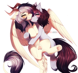 Size: 4787x4507 | Tagged: safe, artist:krissstudios, oc, oc only, earth pony, pegasus, pony, belly, blushing, colored underhoof, cream coat, duo, eyes closed, fluffy tail, gray coat, horns, hug, leonine tail, partially open wings, simple background, tail, transparent background, underhoof, watermark, wings