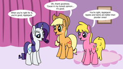 Size: 1920x1080 | Tagged: safe, artist:platinumdrop, applejack, cherry berry, rarity, g4, honest apple, my little pony: friendship is magic, commission, dialogue, happy, indoors, smiling, speech bubble, talking