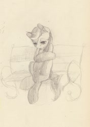 Size: 849x1200 | Tagged: safe, artist:wolfiedrawie, lyra heartstrings, pony, unicorn, g4, bench, female, horn, mare, meme, monochrome, park bench, sitting, sitting lyra, sketch, solo, traditional art