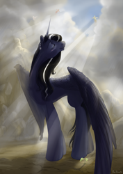 Size: 2480x3507 | Tagged: safe, artist:wolfiedrawie, oc, oc only, oc:midnight shadow, alicorn, pegasus, pony, alicorn oc, crepuscular rays, female, flying, horn, mare, outdoors, solo focus, wings