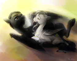 Size: 1776x1417 | Tagged: safe, artist:wolfiedrawie, oc, oc only, pegasus, pony, cuddling, duo, female, lying down, male, mare, oc x oc, prone, shipping, stallion, straight, tongue out, unshorn fetlocks