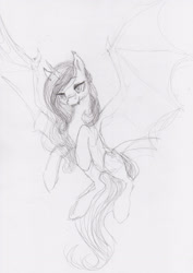 Size: 1935x2737 | Tagged: safe, artist:wolfiedrawie, oc, oc only, alicorn, bat pony, bat pony alicorn, pony, alicorn oc, bat wings, black and white, ear tufts, fangs, female, flying, grayscale, horn, mare, monochrome, simple background, solo, traditional art, white background, wings