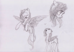 Size: 3388x2396 | Tagged: safe, artist:wolfiedrawie, fluttershy, butterfly, pegasus, pony, g4, female, flying, mare, simple background, sketch, sketch dump, solo, traditional art, white background