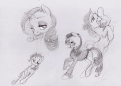 Size: 2674x1891 | Tagged: safe, artist:wolfiedrawie, rarity, pony, unicorn, g4, beret, black and white, clothes, female, grayscale, hat, horn, mare, monochrome, sketch, sketch dump, solo, traditional art