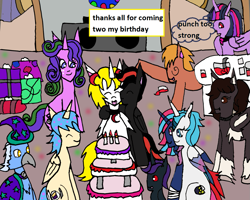 Size: 1209x969 | Tagged: safe, artist:ask-luciavampire, twilight sparkle, oc, oc:arnold the pony, oc:daisy daedal, oc:dusk & dawn, oc:foodie love, oc:lucia nightblood, oc:nyx, oc:terra, alicorn, pegasus, pony, undead, unicorn, vampire, vampony, tumblr:ask-luciavampire, birthday, birthday cake, cake, food, horn, present, tumblr