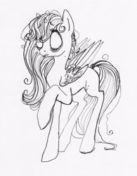 Size: 2454x3146 | Tagged: safe, artist:wolfiedrawie, oc, oc only, oc:wolfie drawie, pegasus, pony, black and white, don't starve, female, grayscale, mare, monochrome, no pupils, simple background, solo, style emulation, traditional art, white background