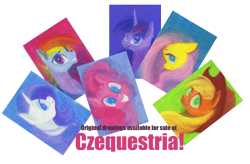 Size: 1969x1295 | Tagged: safe, artist:wolfiedrawie, applejack, fluttershy, pinkie pie, rainbow dash, rarity, twilight sparkle, earth pony, pegasus, pony, unicorn, g4, advertisement, female, horn, mane six, mare, traditional art, x0000 milestone