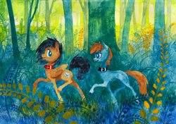 Size: 2870x2022 | Tagged: safe, artist:wolfiedrawie, oc, oc only, earth pony, pegasus, pony, collar, commission, duo, forest, nature, outdoors, traditional art, tree, watercolor painting