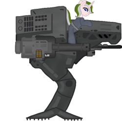 Size: 512x512 | Tagged: safe, artist:xada, oc, oc only, pony, robot, unicorn, armor, armored pony, bipedal, bipedal leaning, blue eyes, gun, horn, leaning, machine gun, minigun, side view, simple background, solo, tail, transparent background, two toned mane, two toned tail, weapon