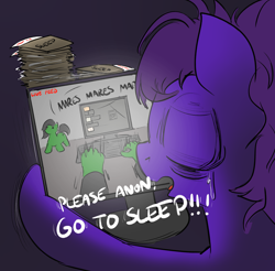 Size: 2520x2480 | Tagged: safe, artist:anonymous, oc, oc only, oc:anon, oc:filly anon, human, pony, g4, colored, eyes closed, female, female oc, filly, foal, go to sleep, hormones, human oc, mare oc, melatonin, micro, monitor, night, overdue, plushie, ponified, pony oc, pony plushie, solo, stack, tired