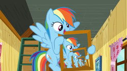 Size: 1920x1080 | Tagged: safe, edit, edited screencap, editor:marefieber, screencap, rainbow dash, pegasus, pony, g4, season 8, clubhouse, crusaders clubhouse, curtains, droste effect, female, flying, happy, holding, inception, indoors, ladder, mare, open mouth, picture, picture frame, picture-in-picture, recursion, spread wings, the washouts, window, wings