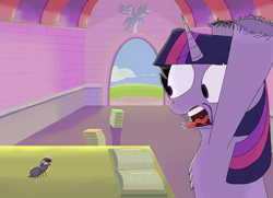 Size: 2000x1450 | Tagged: safe, artist:icycrymelon, twilight sparkle, pony, spider, unicorn, g4, arachnophobia, book, duo, female, horn, open mouth, screaming