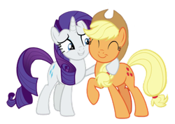 Size: 847x603 | Tagged: safe, edit, edited screencap, editor:marefieber, screencap, applejack, rarity, earth pony, pony, unicorn, g4, honest apple, season 7, ^^, applejack's hat, background removed, cheek to cheek, cowboy hat, duo, duo female, eyes closed, female, frens, happy, hat, holding, holding a pony, horn, mare, png, raised hoof, simple background, smiling, transparent background