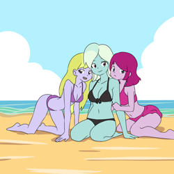 Size: 2100x2100 | Tagged: safe, artist:strugetdraw, fuchsia blush, lavender lace, trixie, equestria girls, g4, barefoot, clothes, feet, outdoors, swimsuit, trixie and the illusions