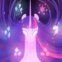 Size: 1200x1200 | Tagged: safe, artist:mifes, twilight sparkle, pony, g4, applejack's cutie mark, fluttershy's cutie mark, glowing, glowing eyes, pinkie pie's cutie mark, rainbow dash's cutie mark, rarity's cutie mark, solo, twilight sparkle's cutie mark