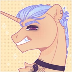 Size: 1200x1200 | Tagged: safe, artist:mifes, oc, oc only, pony, unicorn, bust, ear piercing, horn, passepartout, patterned background, piercing, portrait, solo, unicorn oc