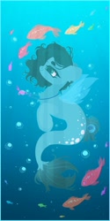 Size: 1000x2000 | Tagged: safe, artist:mifes, oc, oc only, fish, seapony (g4), bubble, clothes, crepuscular rays, cute, dorsal fin, fin, fin wings, fins, flowing mane, flowing tail, happy, jewelry, lidded eyes, necklace, ocean, passepartout, scales, see-through, smiling, solo, sunlight, swimming, tail, underwater, water, wings