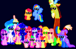 Size: 1280x817 | Tagged: safe, edit, edited screencap, editor:incredibubbleirishguy, screencap, apple bloom, applejack, discord, fluttershy, pinkie pie, princess cadance, princess celestia, princess flurry heart, princess luna, rainbow dash, rarity, scootaloo, shining armor, spike, starlight glimmer, sweetie belle, trixie, twilight sparkle, alicorn, draconequus, dragon, earth pony, pegasus, pony, unicorn, g4, season 6, to where and back again, adult, alicorn pentarchy, baby, baby alicorn, baby pony, blue background, cutie mark crusaders, dark background, dark blue background, female, filly, foal, glowing, glowing pony, horn, male, mane seven, mane six, night, scootaloo can fly, siblings, simple background, sisters, sunglasses, teenager, twilight sparkle (alicorn), wingless spike, wings