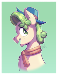 Size: 2117x2727 | Tagged: safe, artist:bkiltersot, pistachio, earth pony, pony, g4, bust, clothes, freckles, fur, gradient background, green background, green eyes, green mane, hat, male, open mouth, open smile, scarf, side view, smiling, solo, stallion