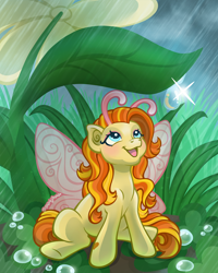 Size: 1800x2250 | Tagged: safe, artist:sparkytopia, zipzee, breezie, pony, g3, antennae, fairy wings, female, flower, leaf, looking up, mare, not adagio dazzle, open mouth, open smile, orange hair, outdoors, rain, small pony, smiling, smol, solo, water, wings, yellow coat