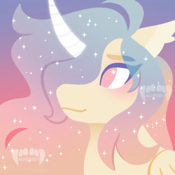 Size: 800x800 | Tagged: oc name needed, safe, artist:marsbit, oc, oc only, alicorn, alicorn oc, bust, gradient background, horn, lineless, no pupils, portrait, solo, sparkly mane, watermark, wings